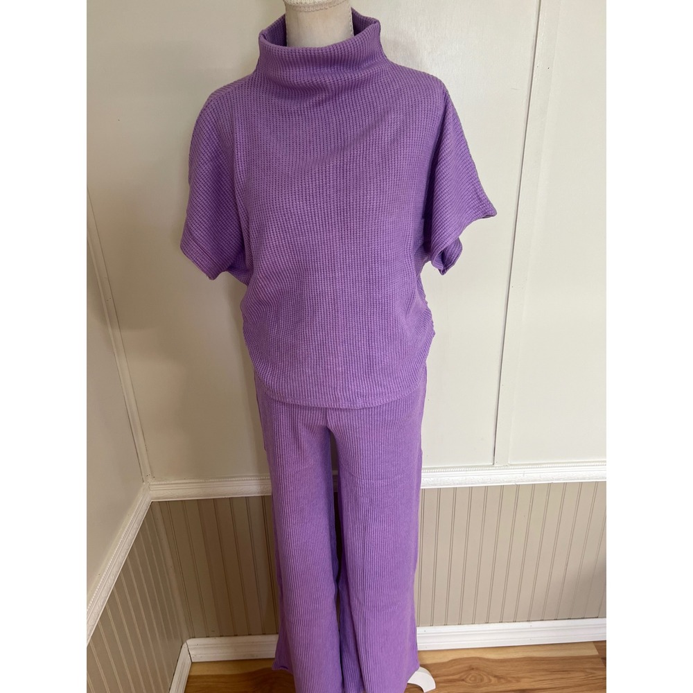 Zenana Womens Purple Waffle Knit 2 Piece Set Mock Neck Top Wide Leg Pants Small - Picture 10 of 15